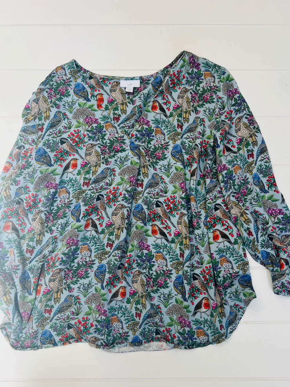 Women’s Bird Novelty Boho Botanical Print V-Neck Top Shirt Blue Birding Birds - Picture 2 of 6